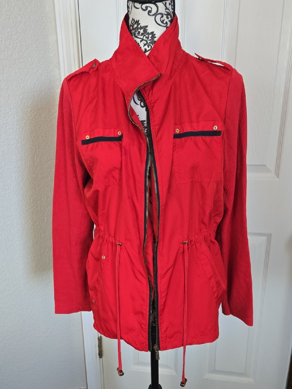 Onque Casuals Red Women's Utility Jacket with Drawstring Waist